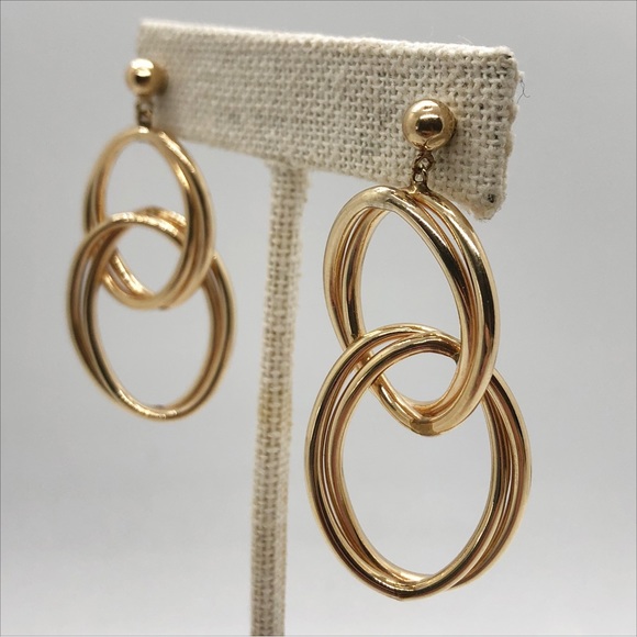 14k yellow gold long double oval dangle hoop earrings figure 8 vintage 2” - Picture 1 of 9